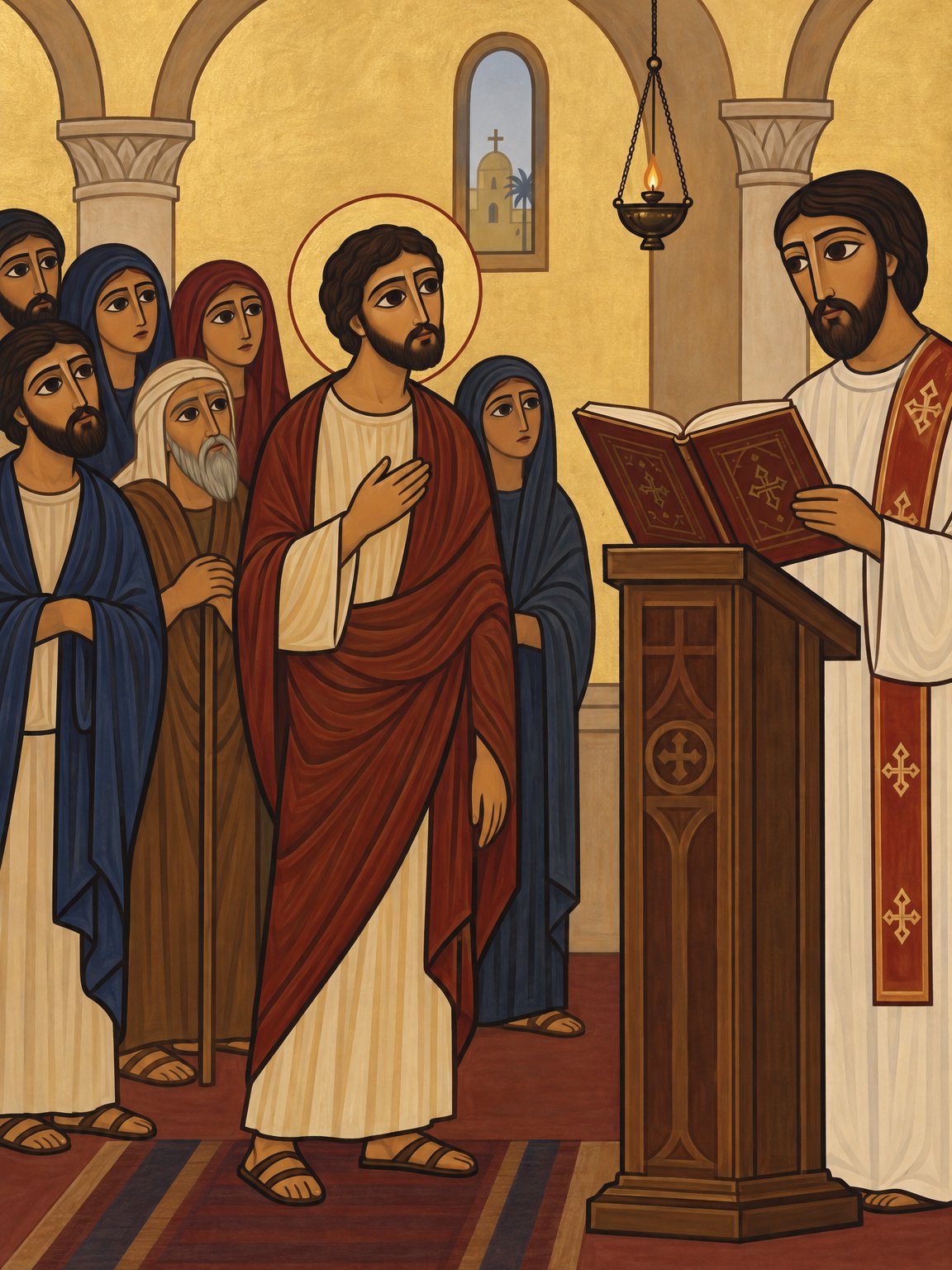 Der heilige Antonius der Große hört in der Kirche das Evangelium (Mt 19:21).