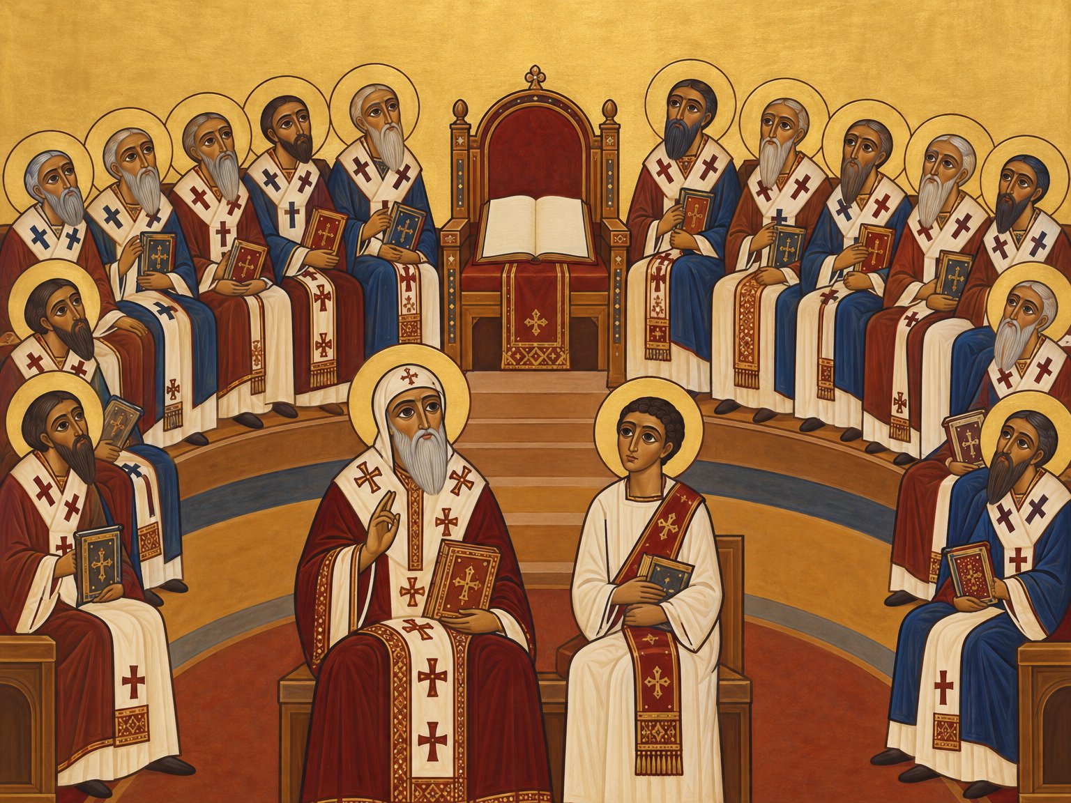 Die Väter des Konzils von Nizäa mit Papst Alexander und dem Diakon Athanasius