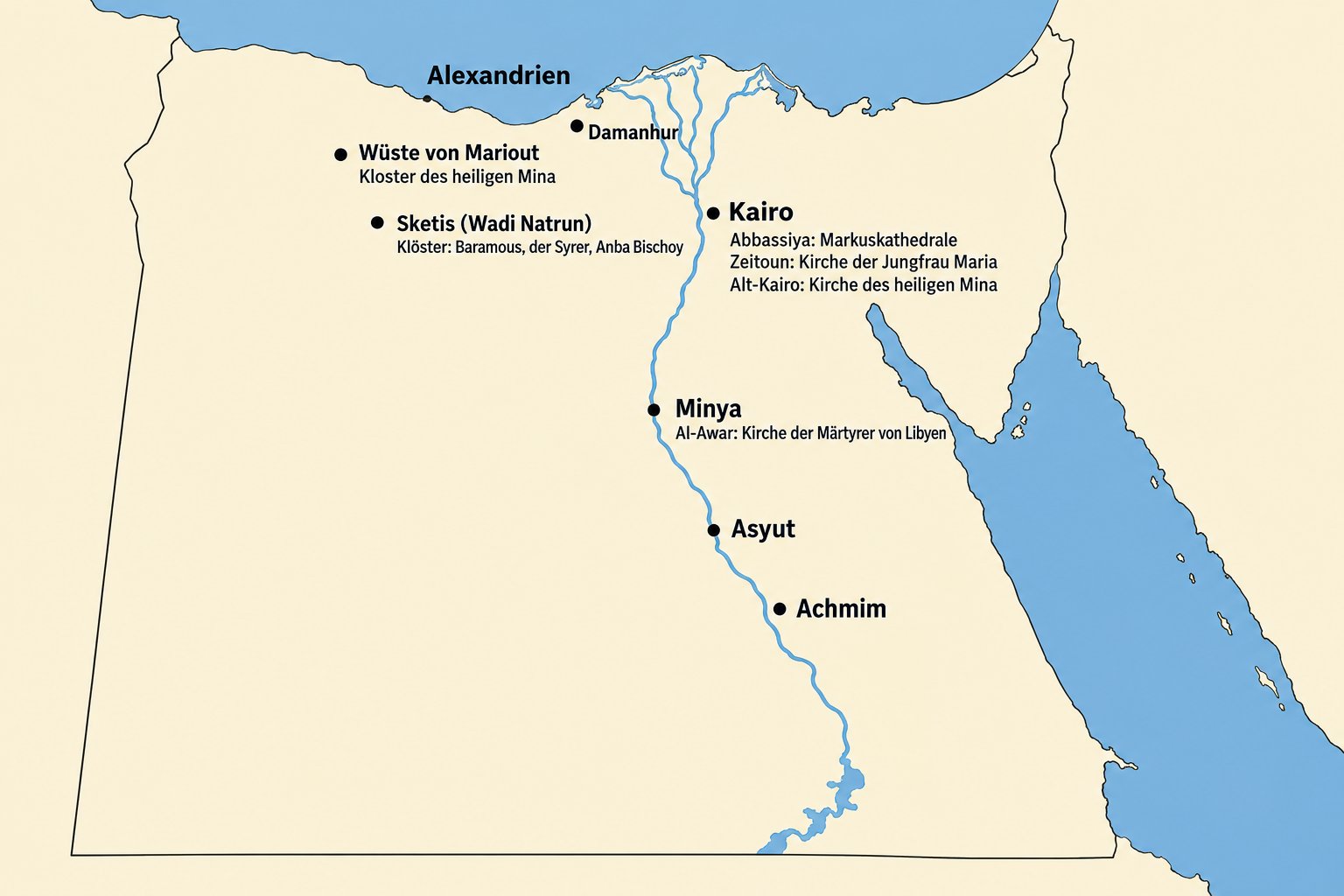 Orte der koptischen Kirche in Ägypten, die in diesem Vortrag genannt werden