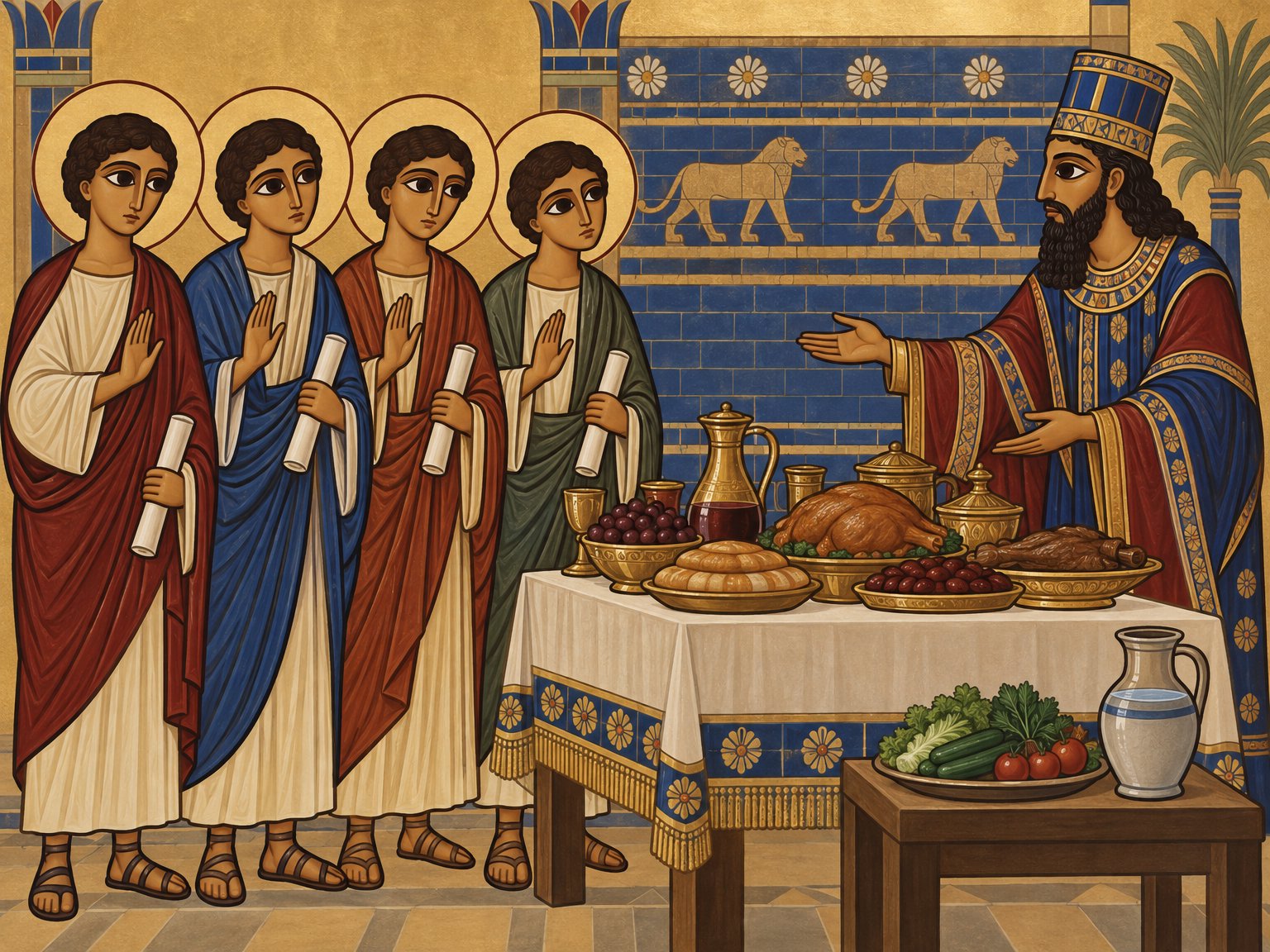 Daniel und seine Gefährten in Babylon: Sie lernen die Sprache des fremden Landes und bleiben ihrem Gott treu (Dan 1:4.8.17).