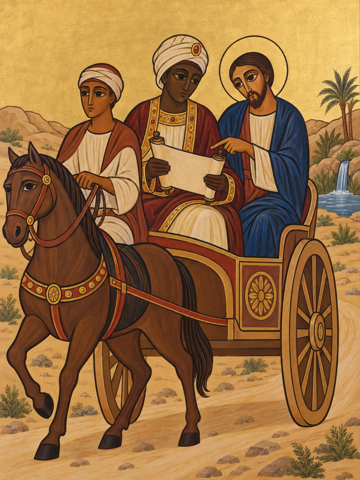 Philippus erklärt dem Kämmerer die Schrift und führt ihn zur Taufe (Apg 8:26⁠–⁠38).